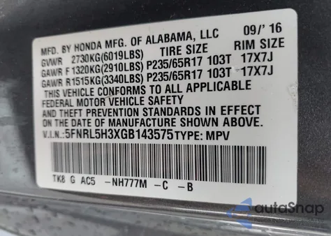 2016 Honda Odyssey Se из США, поврежденный, VIN 5FNRL5H3XGB143575